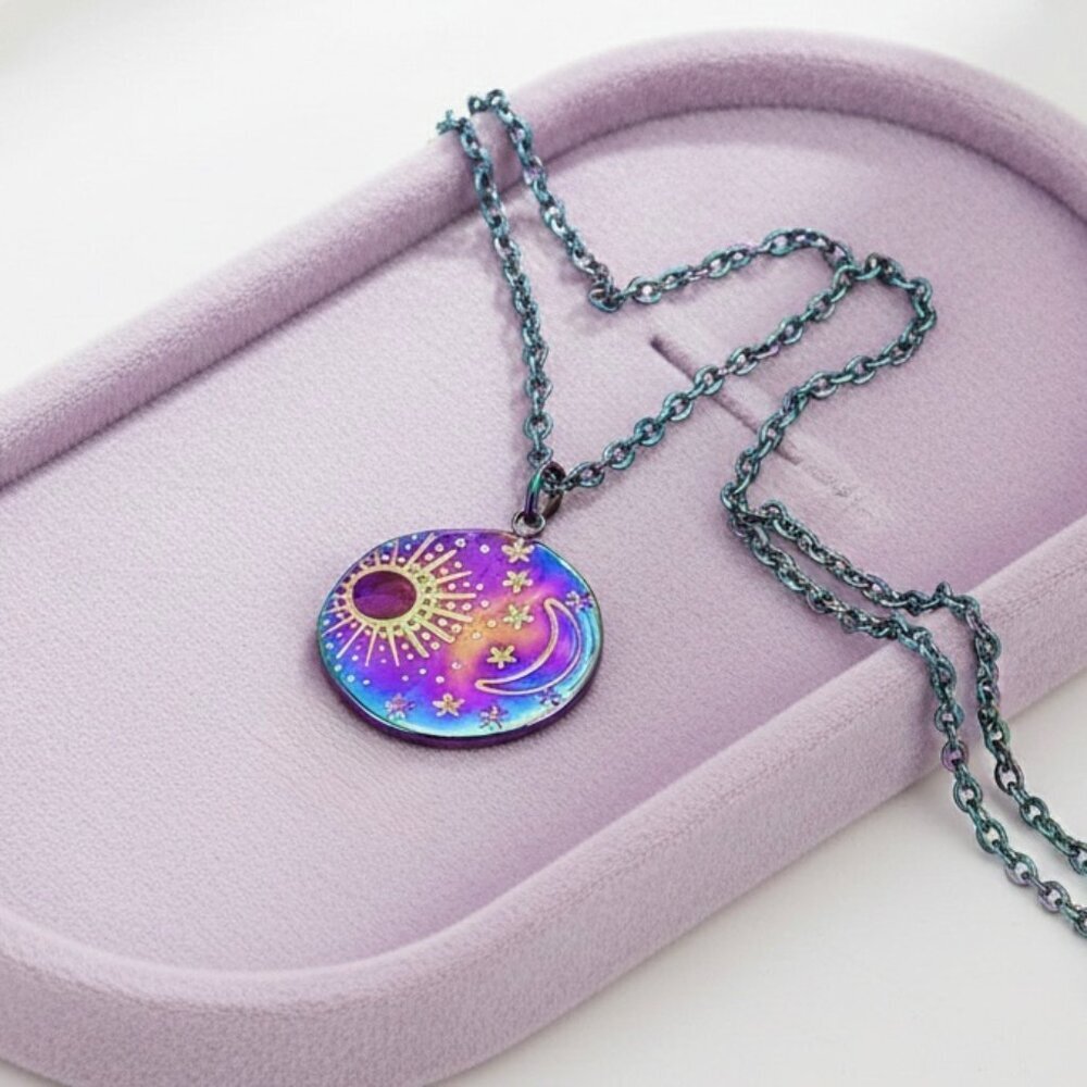 NEW Star Moon Round Pendant Necklace Titanium Rainbow Steel Whimsigoth Celestial